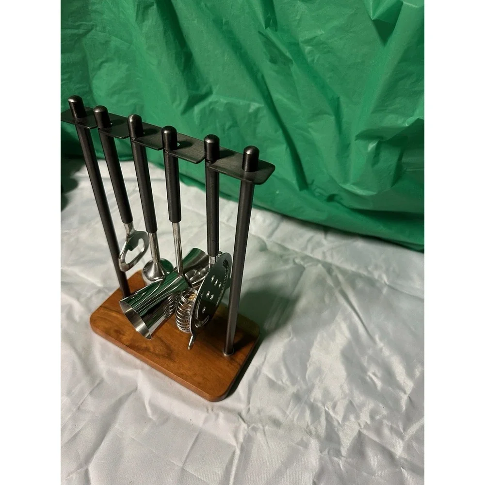 Bar Tool Set w/ Wooden Stand‎ Stainless Steel Cocktail Tools Home Bar